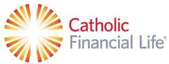 A logo for catholic financial life with a sunburst in the middle