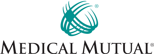 The logo for medical mutual is a blue circle with a globe in the middle.