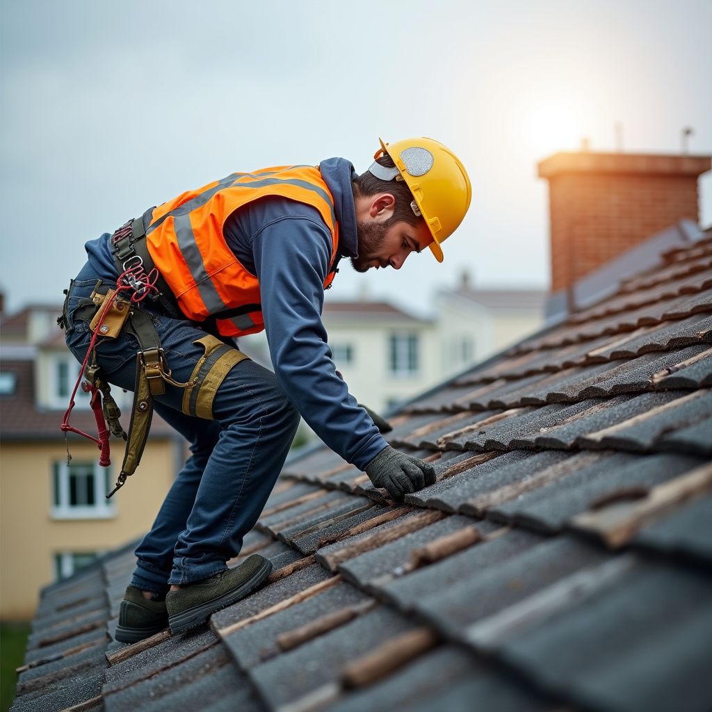 Couvreur en gilet orange et casque de chantier travaillant sur un toit de tuiles, fixant les tuiles.