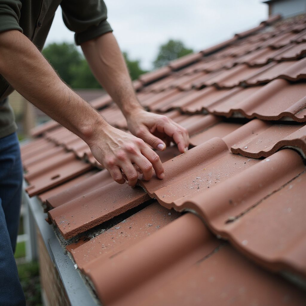 Des mains ajustent des tuiles rouges sur le toit d'une maison. À l'extérieur, par temps couvert.