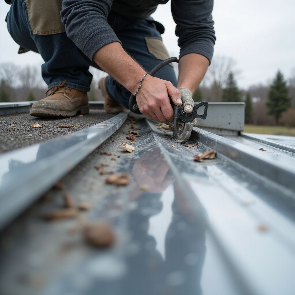 Une personne sur un toit en métal, en train de découper une gouttière avec une scie sauteuse.