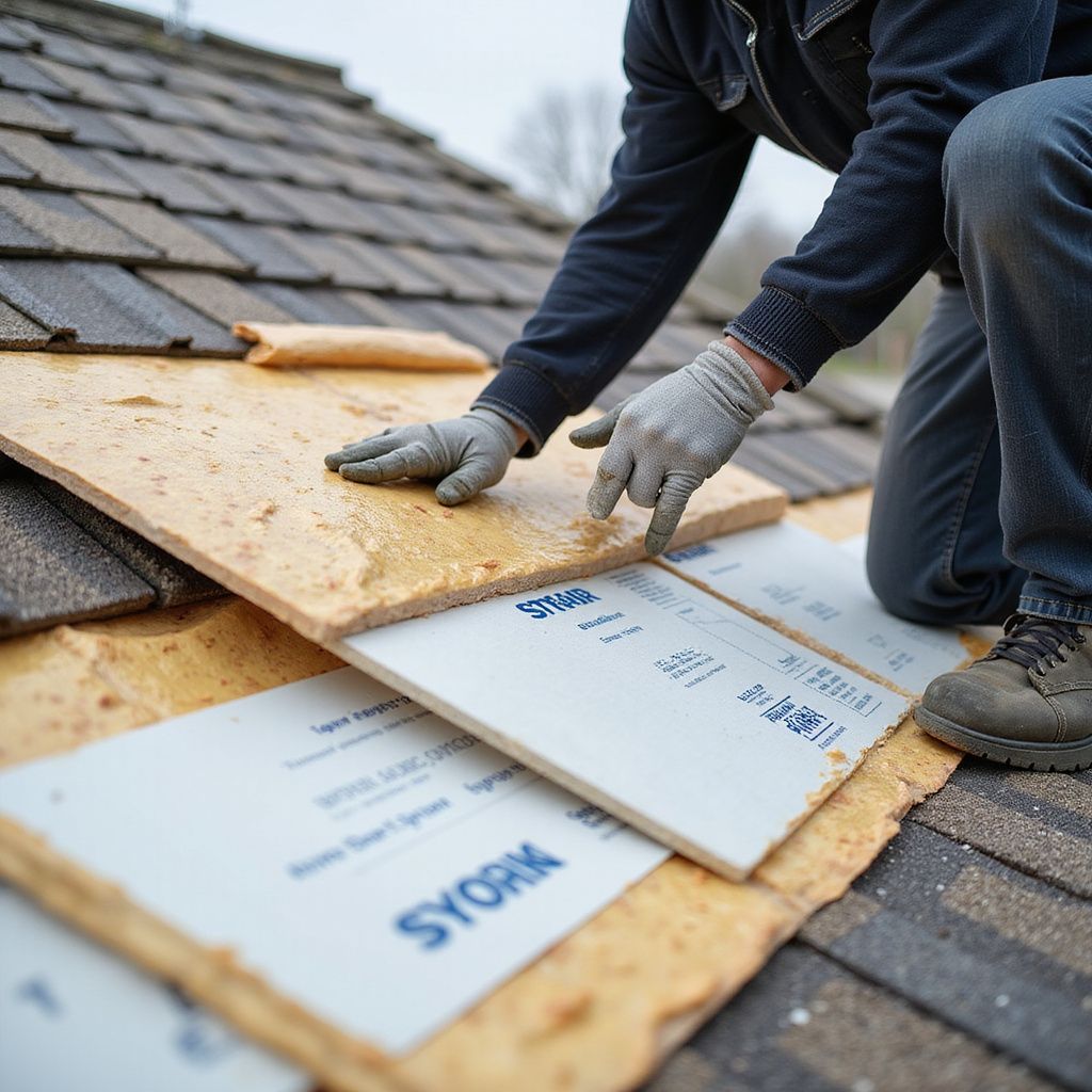 Couvreur installant des panneaux isolants sur un toit en bardeaux. Gants gris, veste bleue, bottes marron.