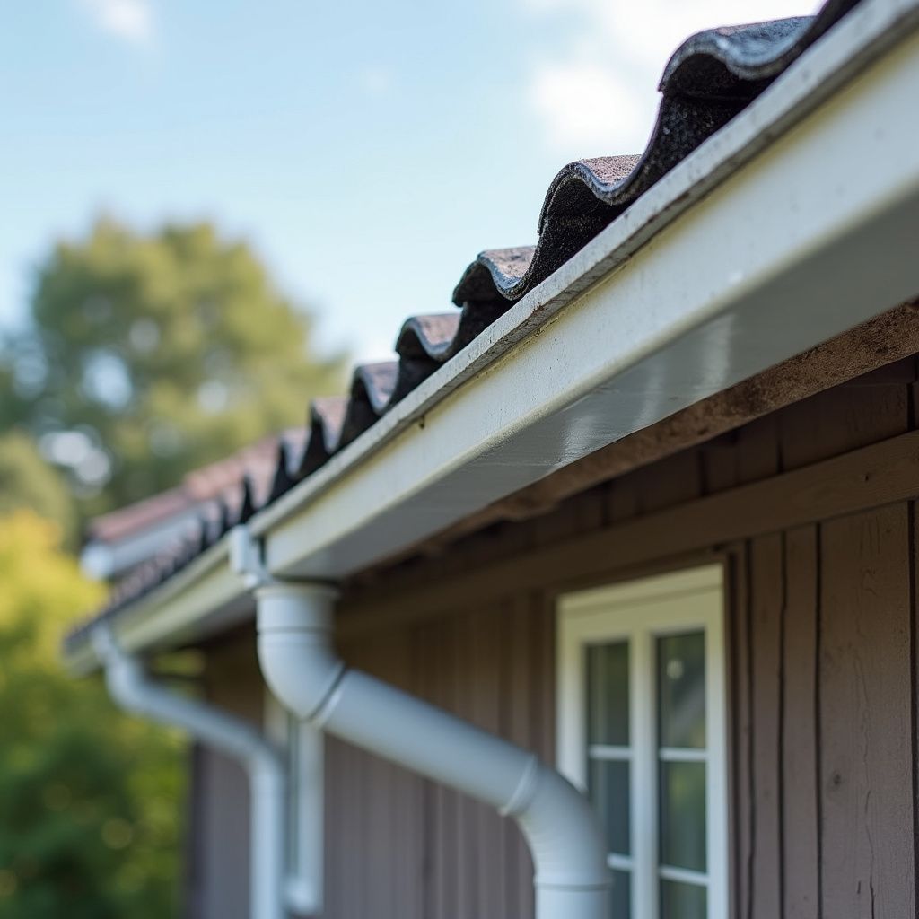 Gouttières et descentes pluviales blanches sur une maison brune au toit de tuiles foncées, se détachant sur un ciel bleu.