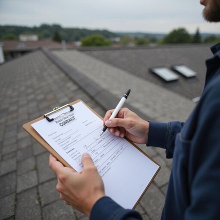Une personne sur un toit en région parisienne, écrivant sur un bloc-notes, inspectant des tuiles .