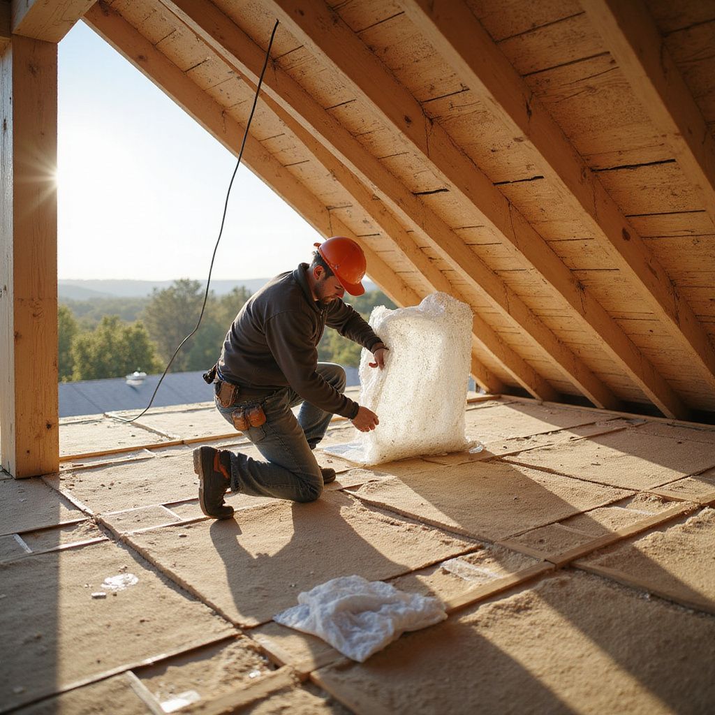 Un ouvrier du bâtiment, agenouillé dans un grenier, installe de l'isolant. La lumière du soleil inonde la pièce.