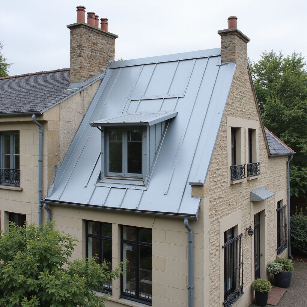 Maison avec toit en métal gris, lucarne et façade en pierre. Deux cheminées, fenêtres sombres.