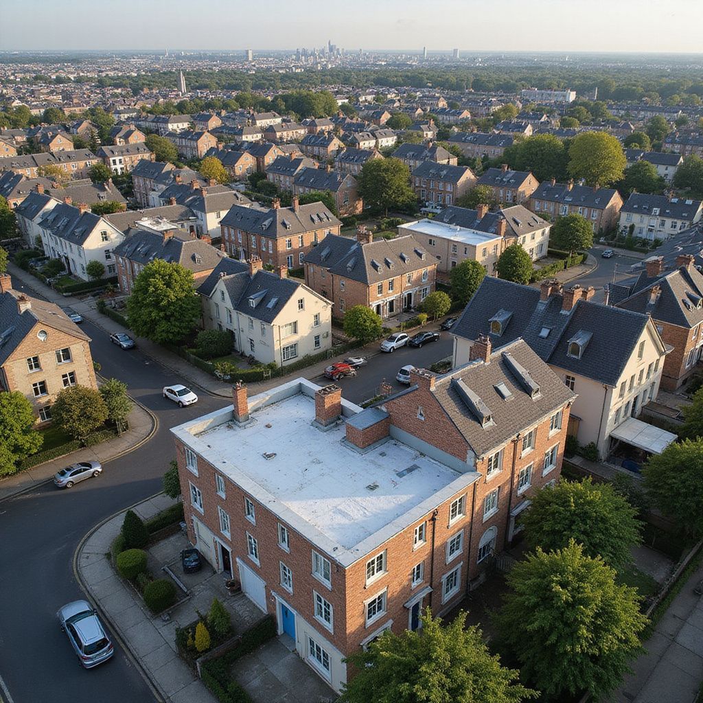 Vue aérienne d'un quartier résidentiel avec des rangées de maisons, des arbres et des voitures dans les rues ; la silhouette d'une ville est visible au loin.