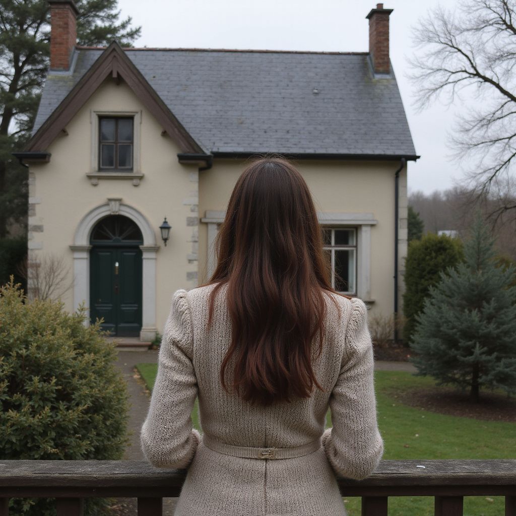 Une femme en manteau contemple une maison à la porte sombre, sur une pelouse verte, entourée d'arbres.