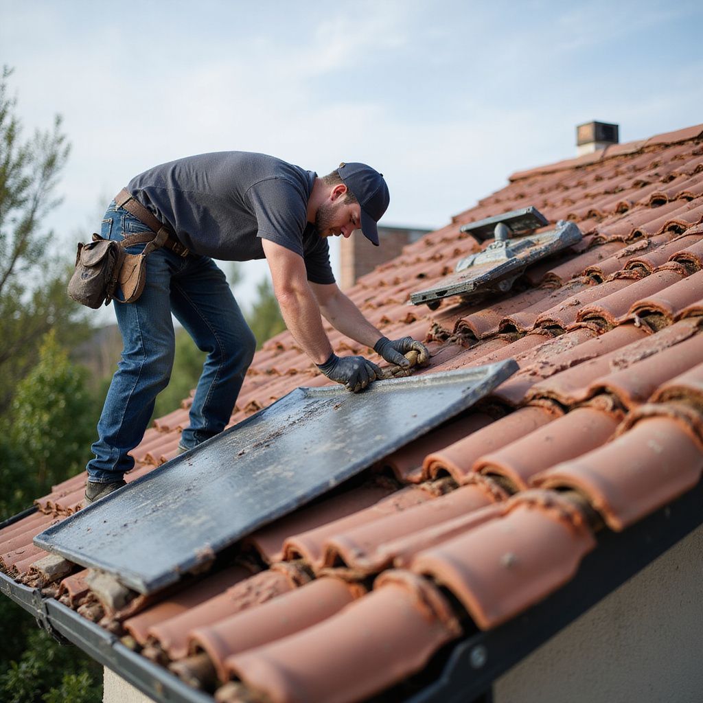 Un couvreur en jeans, casquette et gants installe un panneau solaire foncé sur un toit de tuiles rouges.