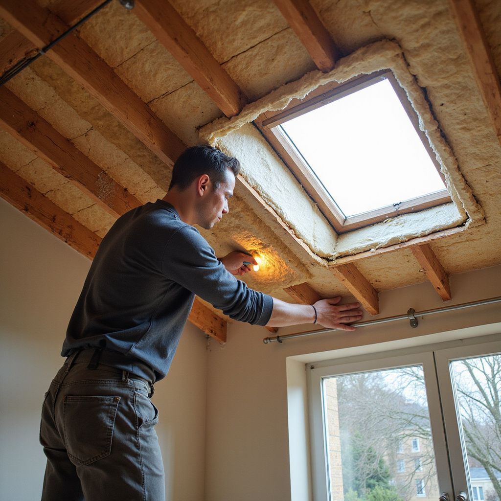 Un homme installe des planches autour d'un puits de lumière. L'isolation est visible au plafond ; il est concentré.