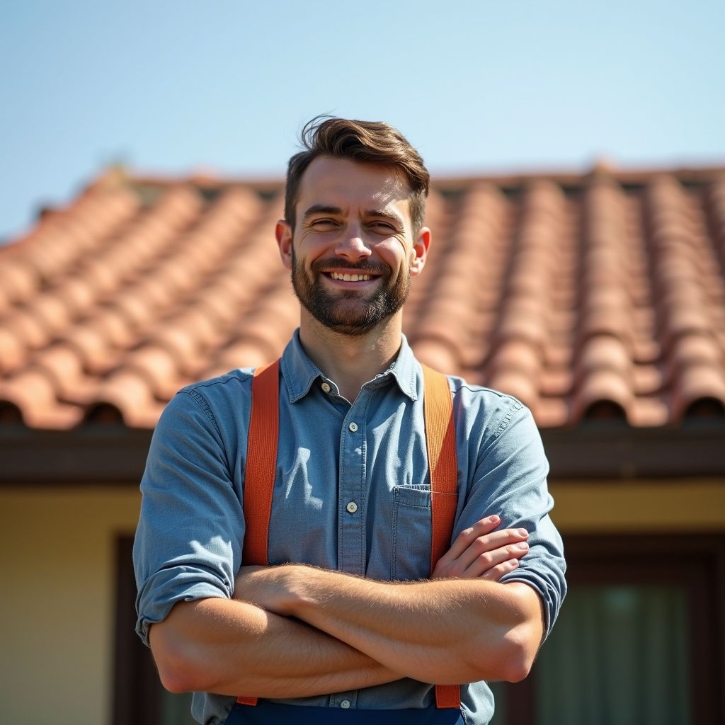 Un homme, les bras croisés, souriant, portant des bretelles orange, se tient devant un toit de tuiles.