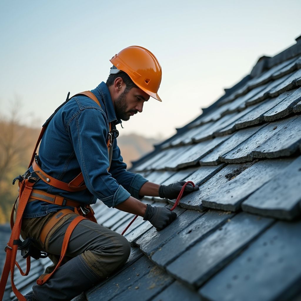 Un couvreur portant un casque orange et un harnais de sécurité répare un toit de tuiles sombres, à l'extérieur.