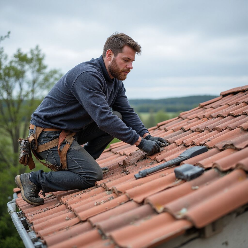 Man on a tiled roof, wearing a safety harness, inspecting tiles. Cloudy sky background.