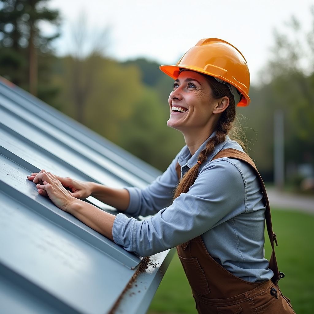 Une femme portant un casque orange et une salopette sourit en travaillant sur un toit métallique à l'extérieur.