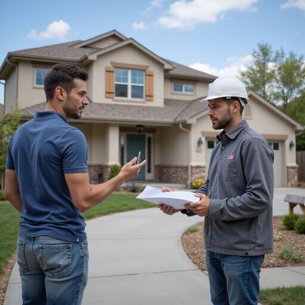 Un homme montre son téléphone à un ouvrier du bâtiment devant une maison ; l'ouvrier tient des papiers.