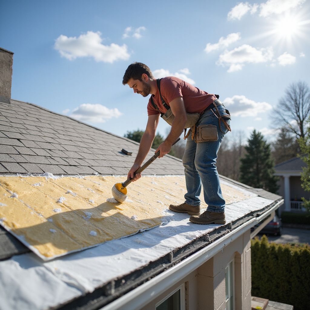 Un couvreur cloue une nouvelle isolation sur un toit en bardeaux sous un ciel d'un bleu éclatant.
