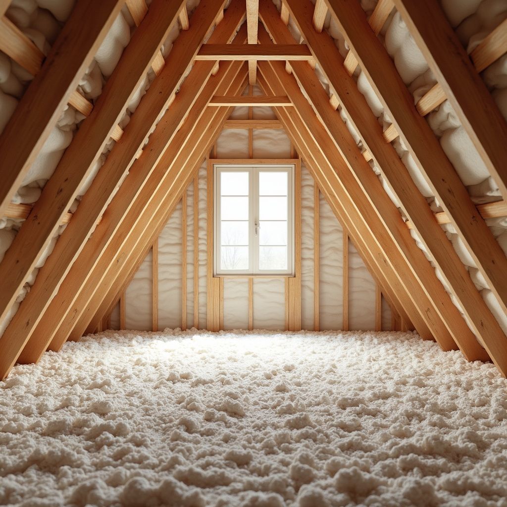 Un intérieur de grenier inachevé avec des poutres en bois apparentes, une isolation blanche et une fenêtre centrale.