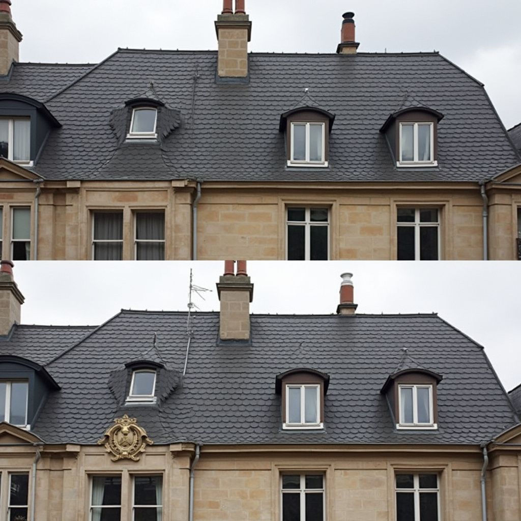 Deux photos : bâtiment de couleur claire avec toit en ardoise gris foncé, lucarnes et cheminées.