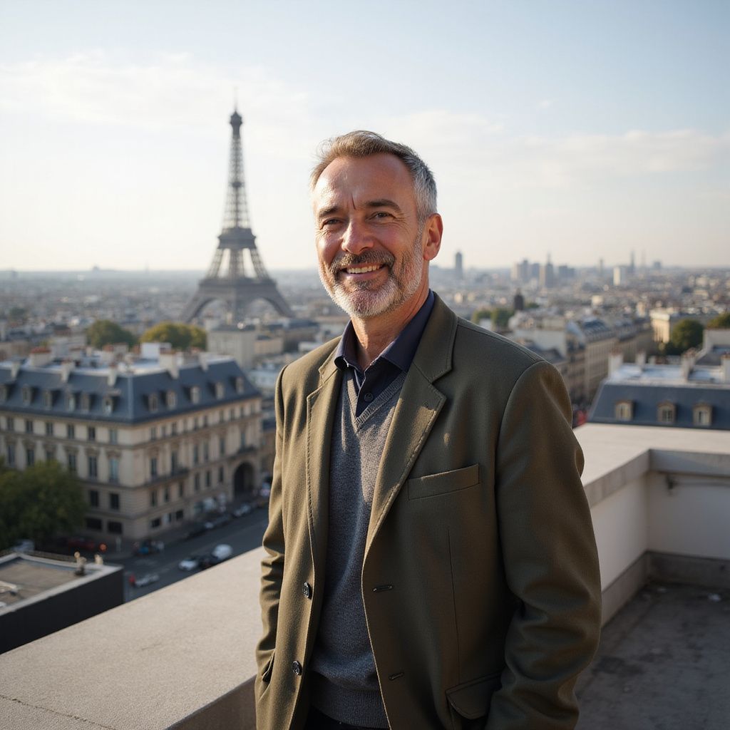 Un homme sourit sur un toit à Paris, avec la tour Eiffel en arrière-plan.