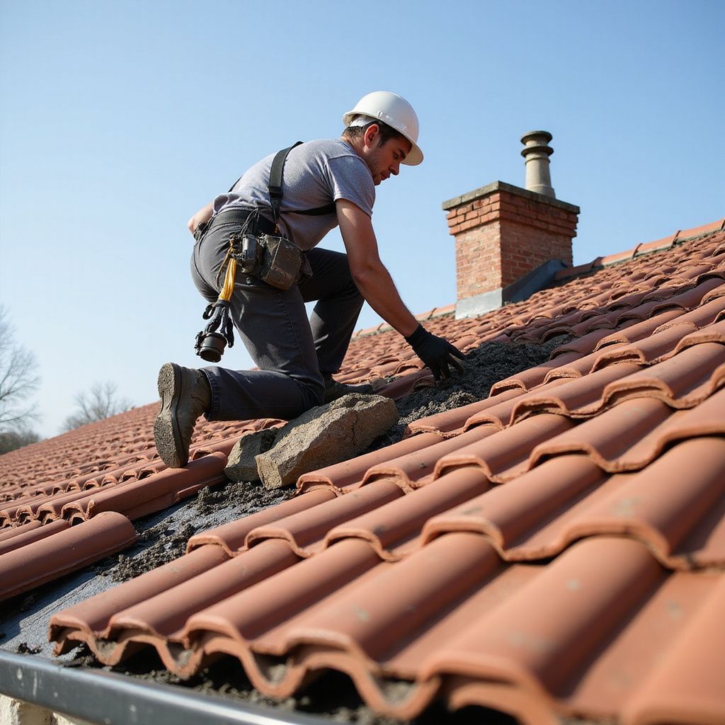 Un couvreur en tenue de sécurité inspecte un toit de tuiles à la recherche de dommages près d'une cheminée en briques par une journée ensoleillée.