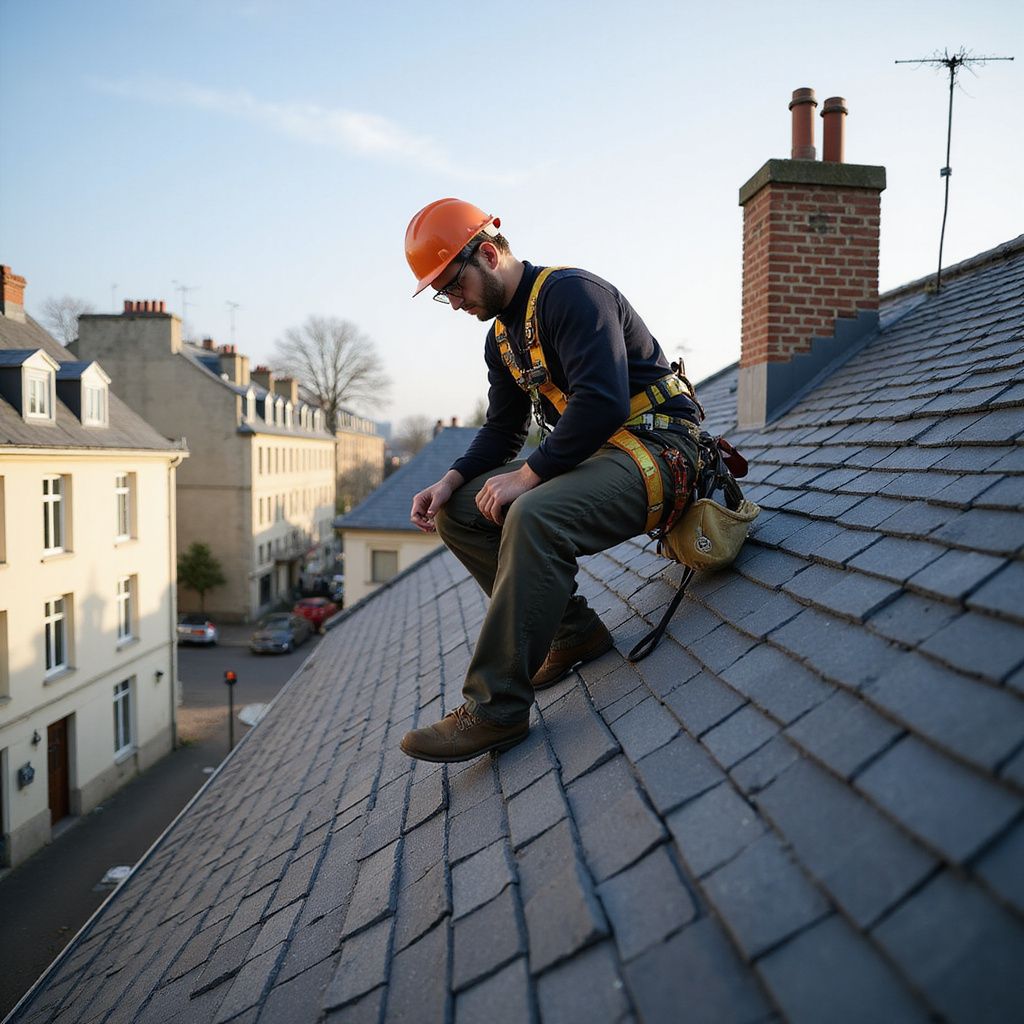 Un couvreur portant un harnais de sécurité est assis sur un toit en ardoise, regardant en bas ; milieu urbain.