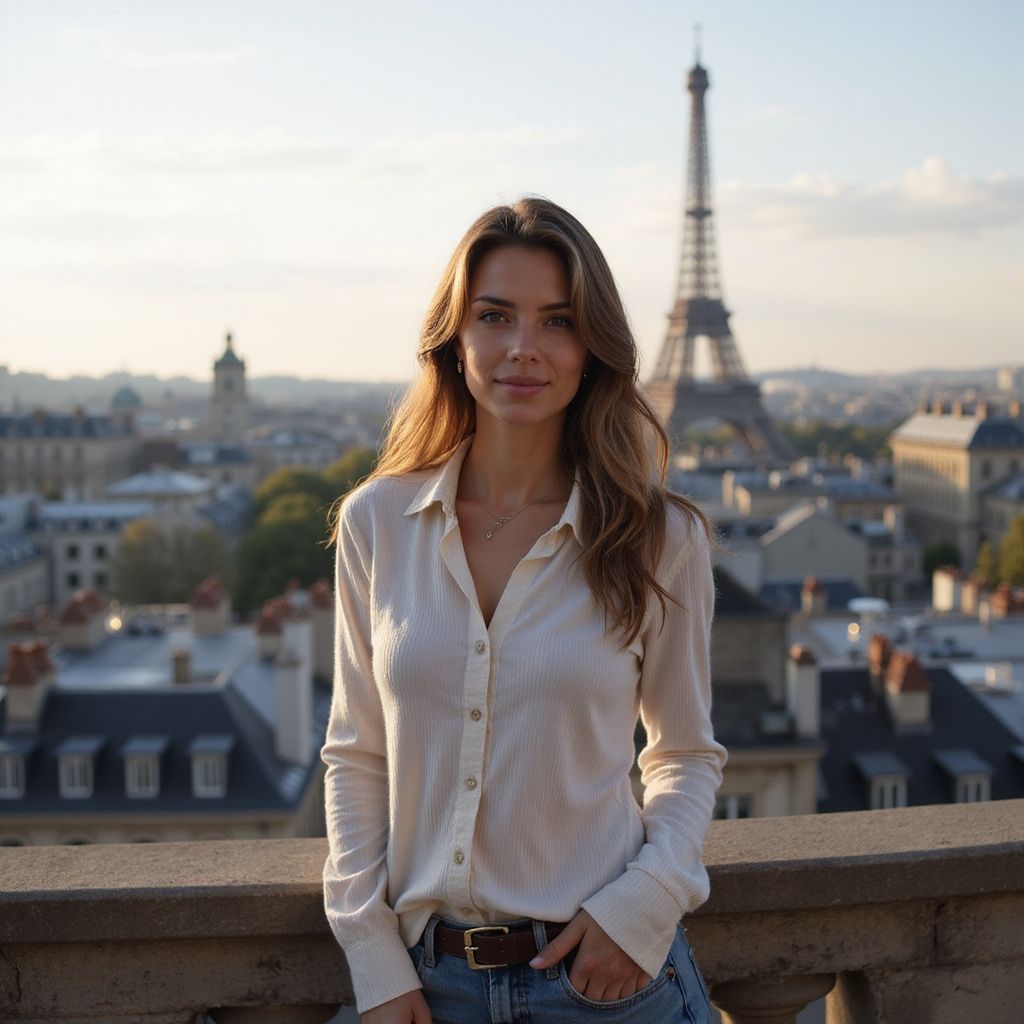 Une femme en chemise blanche et jean bleu pose avec la tour Eiffel en arrière-plan à Paris.