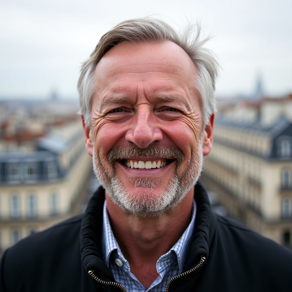 Homme souriant aux cheveux et à la barbe grisonnants, en extérieur avec la ville en arrière-plan.