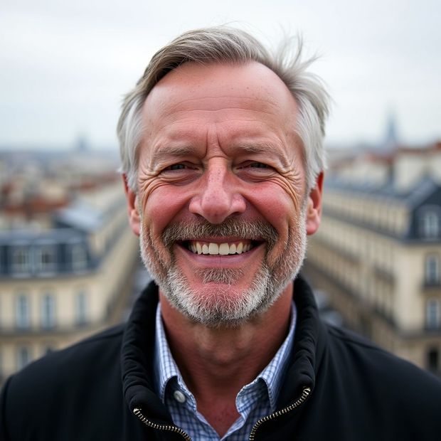 Homme souriant aux cheveux et à la barbe grisonnants, en extérieur avec la ville en arrière-plan.