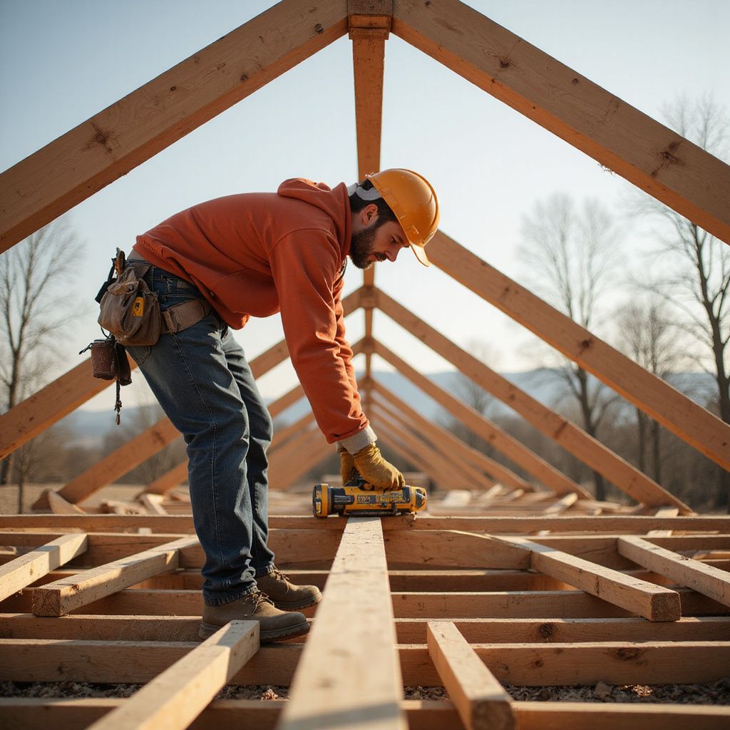 Un ouvrier du bâtiment en sweat-shirt orange utilise un outil sur une charpente de toit en bois sous un ciel lumineux.