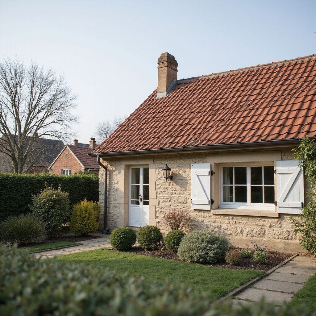 Maisonnette en pierre avec toit de tuiles rouges, volets blancs et pelouse verte.