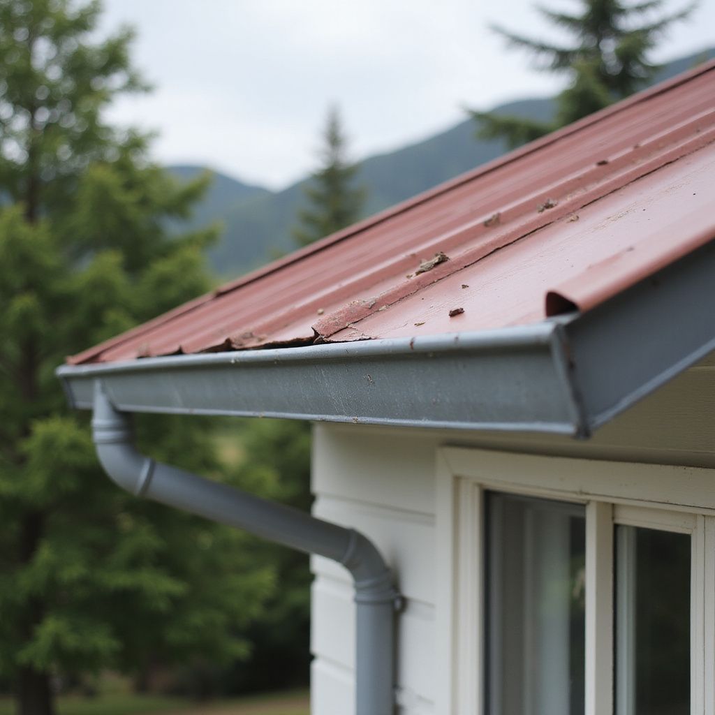 Toit en métal rouge avec gouttières grises sur une maison blanche, arbres et montagnes en arrière-plan.