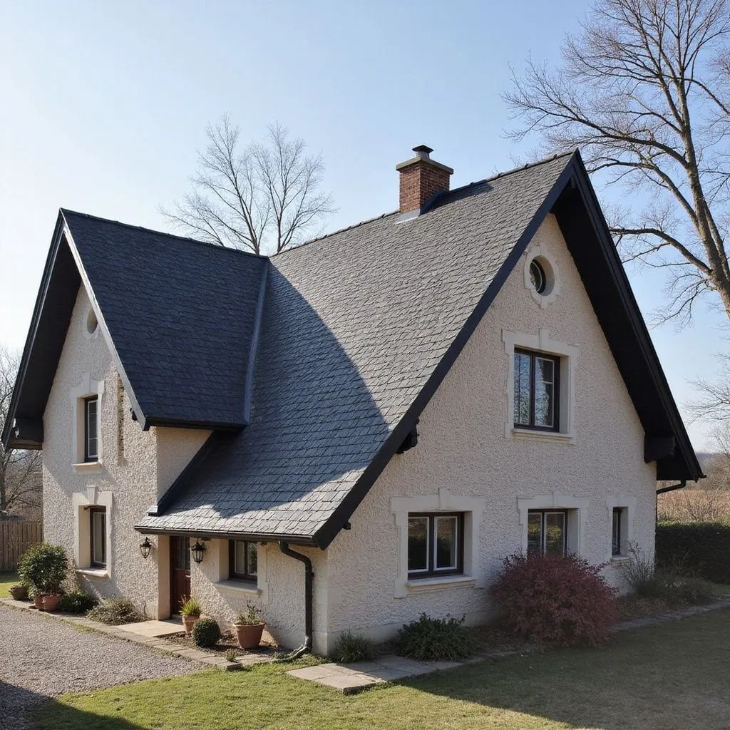 Maison beige à Sartrouville à deux étages avec toit et boiseries foncés, cheminée, fenêtres et petit aménagement paysager.