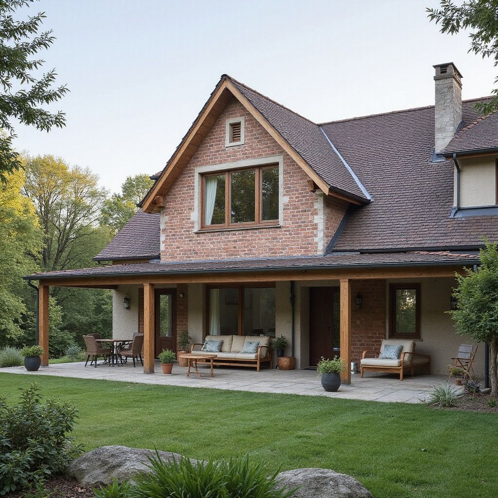 Maison en briques avec terrasse couverte, coin salon extérieur et pelouse verdoyante.