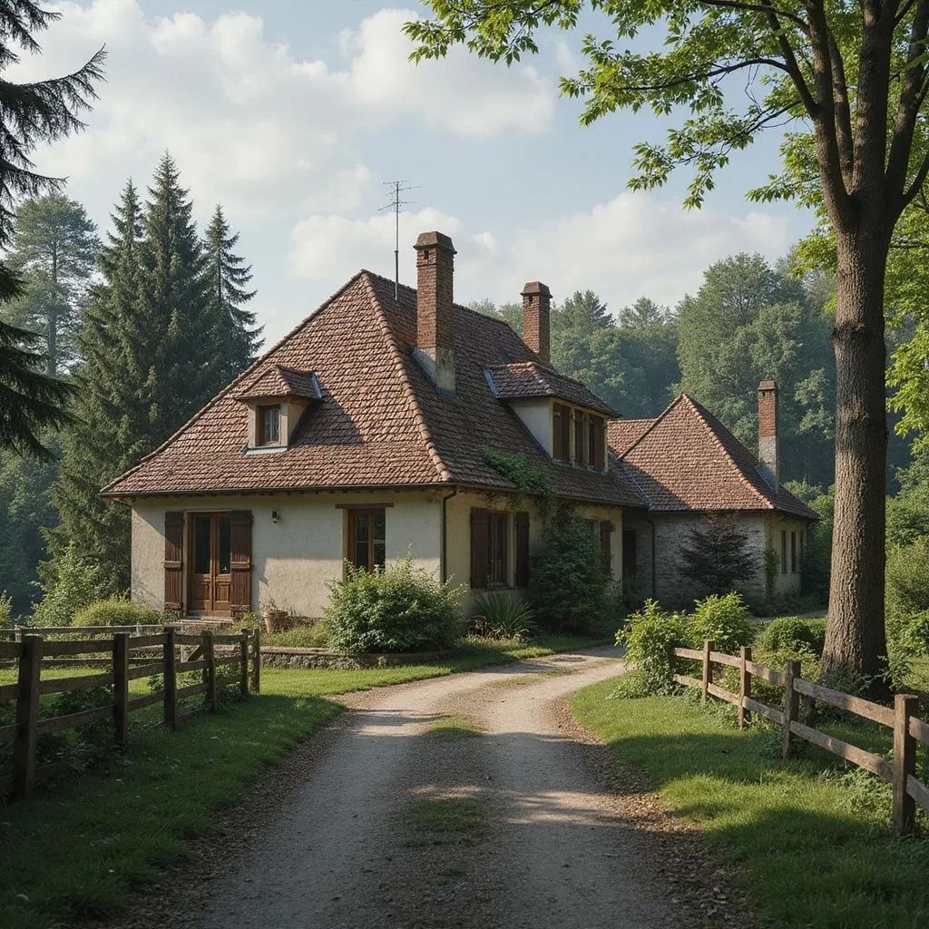 Maisonnette au toit de tuiles en terre cuite, cheminées et volets en bois. Une allée de gravier mène à la maison, entourée d'arbres et d'une clôture en bois.