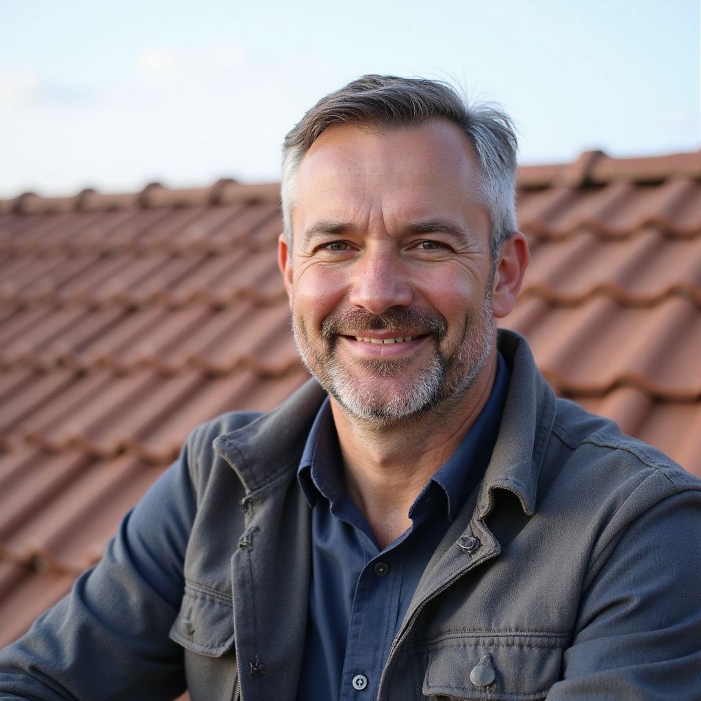 Un homme aux cheveux grisonnants, souriant, portant une veste, pose sur un toit de tuiles rouges.