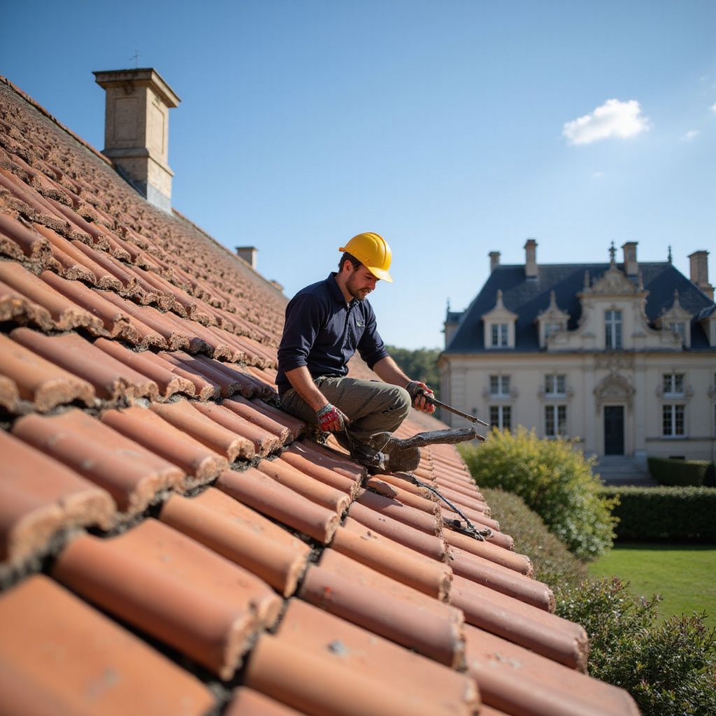 Roofer in yellow hard hat inspects clay tile roof on a sunny day with a large house in the background.