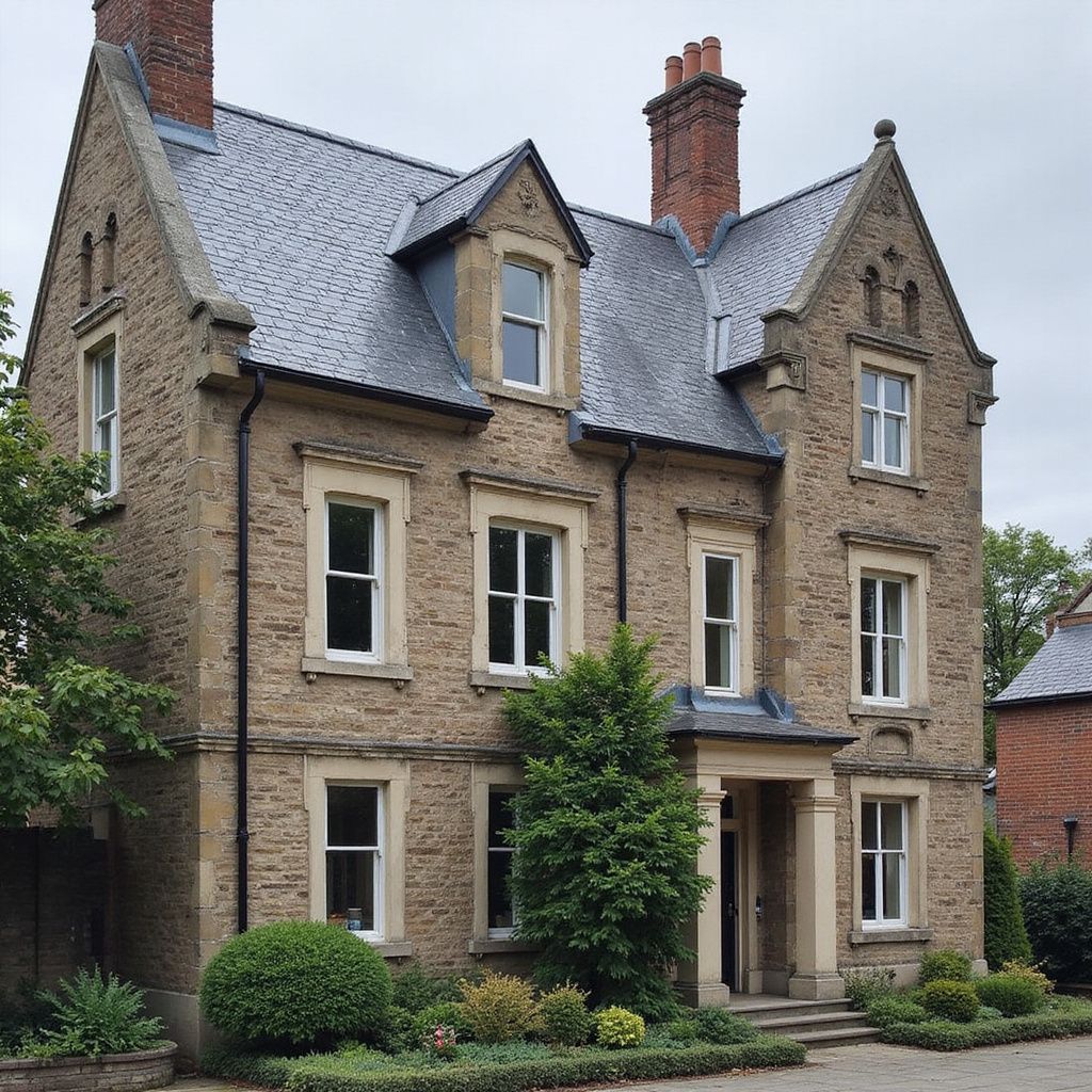 Maison en pierre de trois étages avec un toit en ardoise et des fenêtres cintrées ; petit jardin à l'avant.