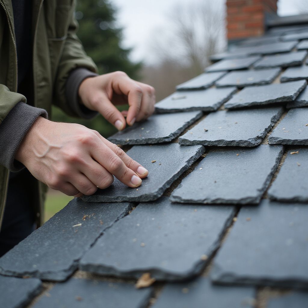 Des mains posent des ardoises sur un toit. En extérieur, en plein jour.