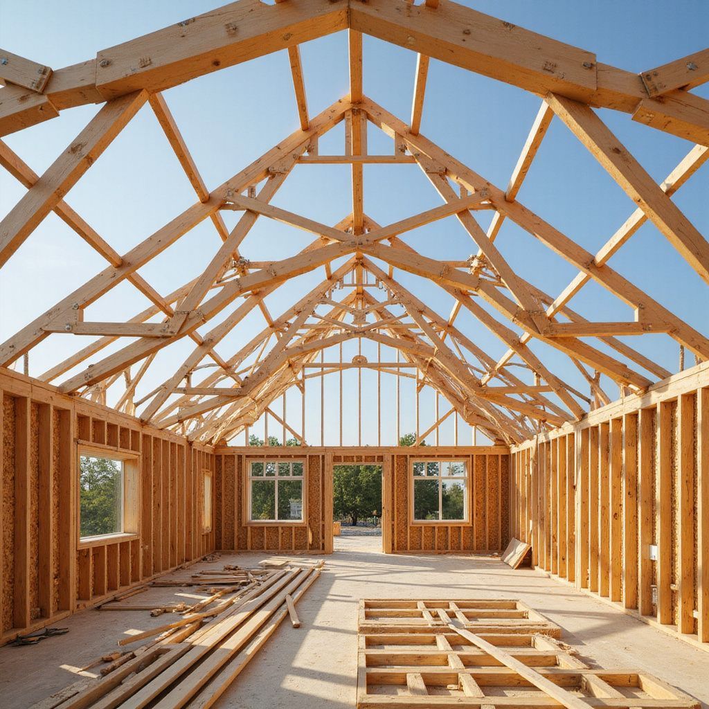 Ossature bois d'un bâtiment en construction, comprenant murs, fenêtres et charpente de toit, sur fond de ciel bleu.