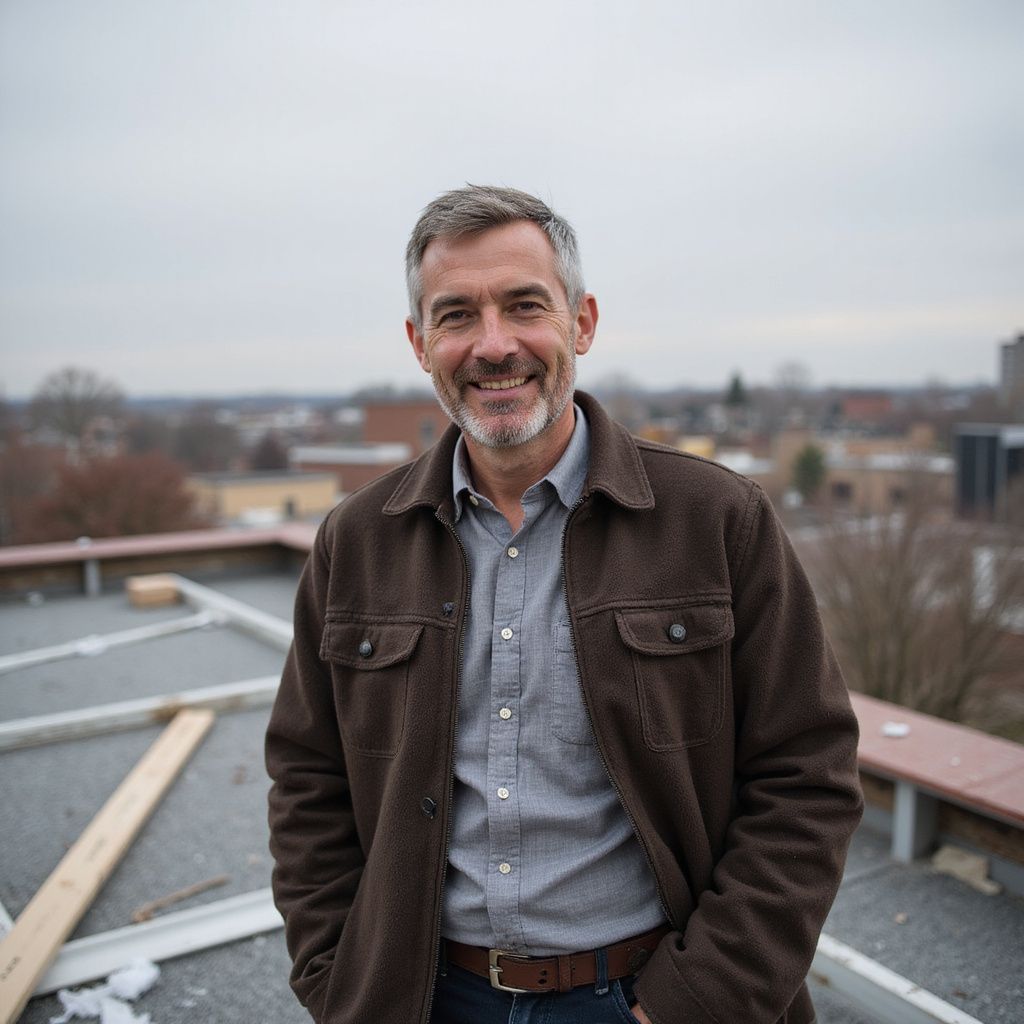 Un homme en veste marron sourit sur un toit, la ville est couverte de nuages ​​en arrière-plan.