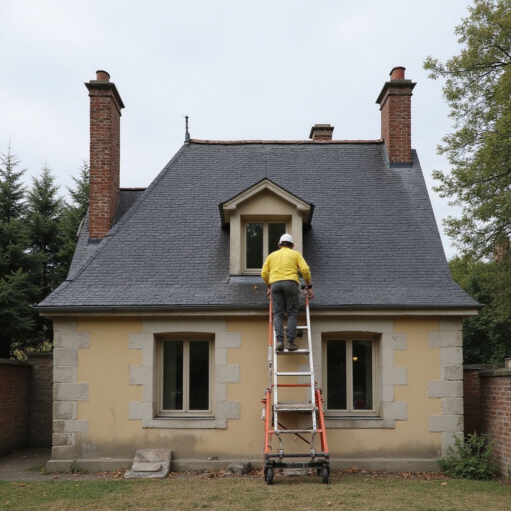 Une personne sur une échelle, vêtue d'une veste jaune, grimpe à la lucarne d'une petite maison jaune au toit sombre.