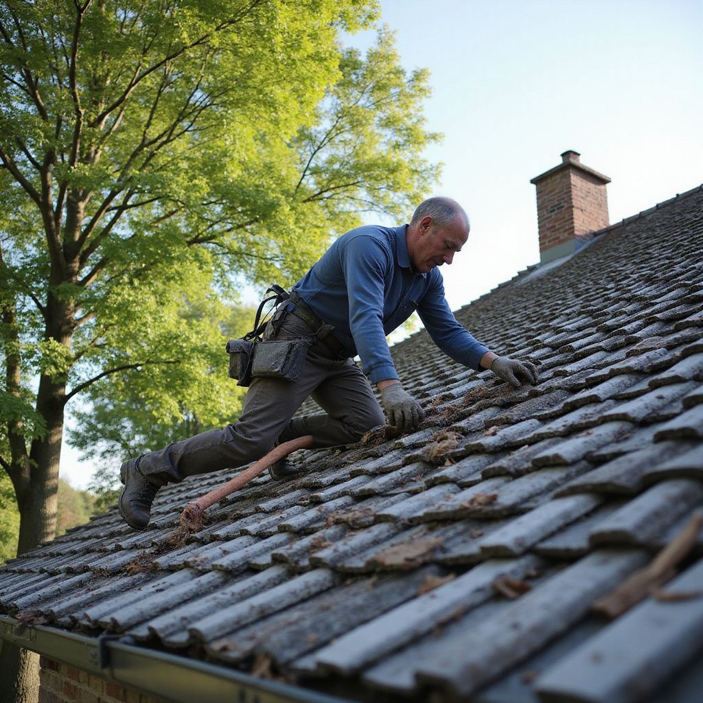 Couvreur sur un toit de tuiles, en train de nettoyer les débris. Journée ensoleillée, arbres en arrière-plan, cheminée visible.