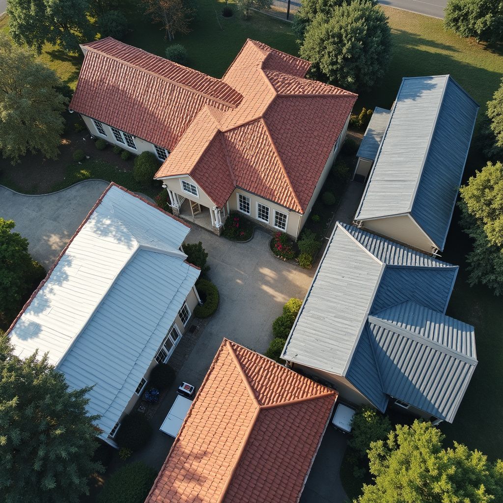 Vue aérienne de bâtiments aux toits métalliques rouges et gris, entourés d'arbres et d'une allée carrossable.