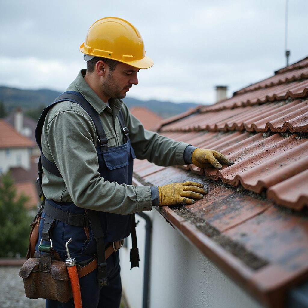Un couvreur, coiffé d'un casque jaune, inspecte un toit de tuiles en terre cuite. Il porte des gants et un harnais de sécurité. Le ciel est nuageux, avec des maisons en arrière-plan.