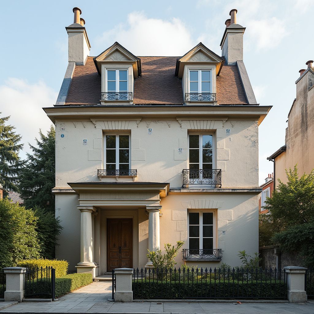 Maison en stuc beige avec un toit marron, deux lucarnes et une petite cour avant clôturée de noir.