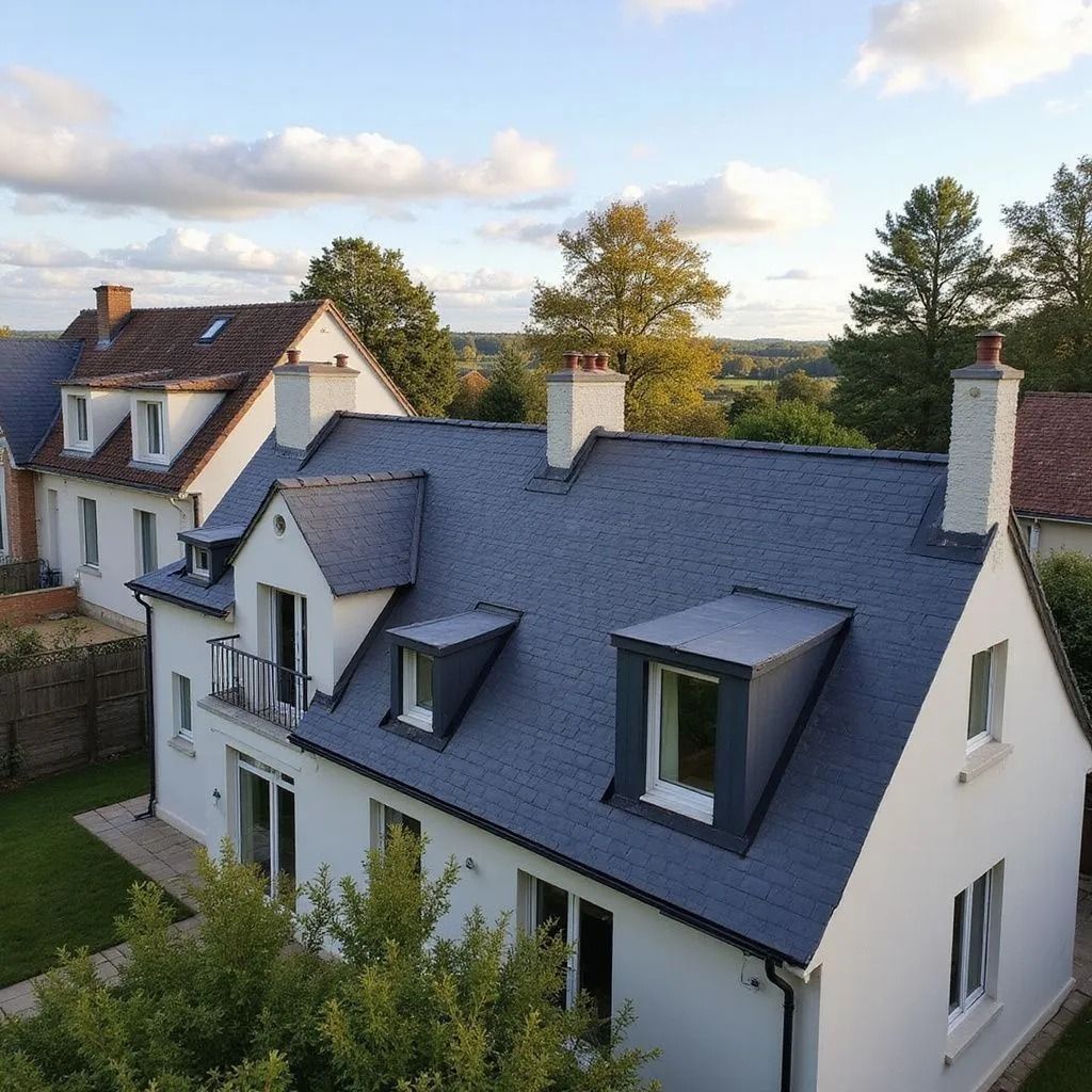 Maison blanche avec toit et lucarnes gris foncé, cheminée et végétation environnante.