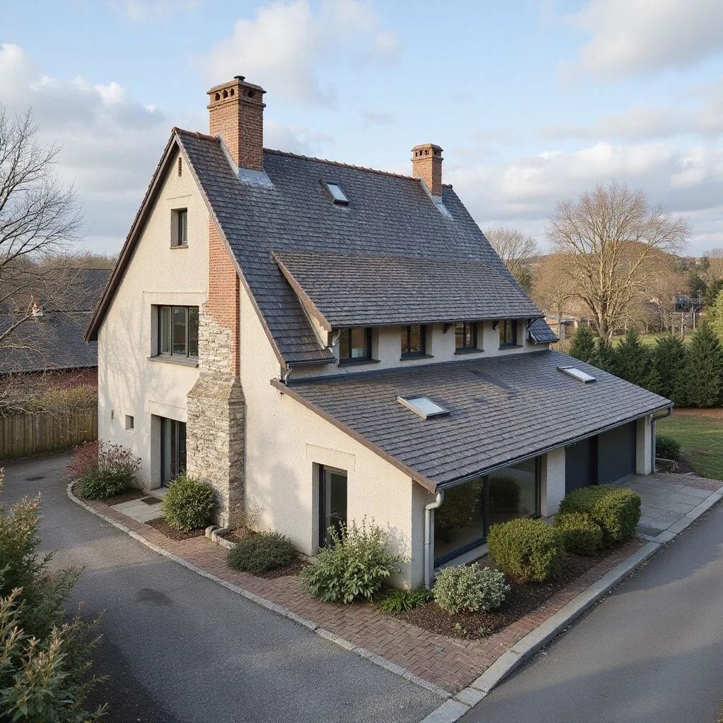 Maison beige à deux étages avec toit gris, cheminée en briques, grandes fenêtres et jardin paysager.