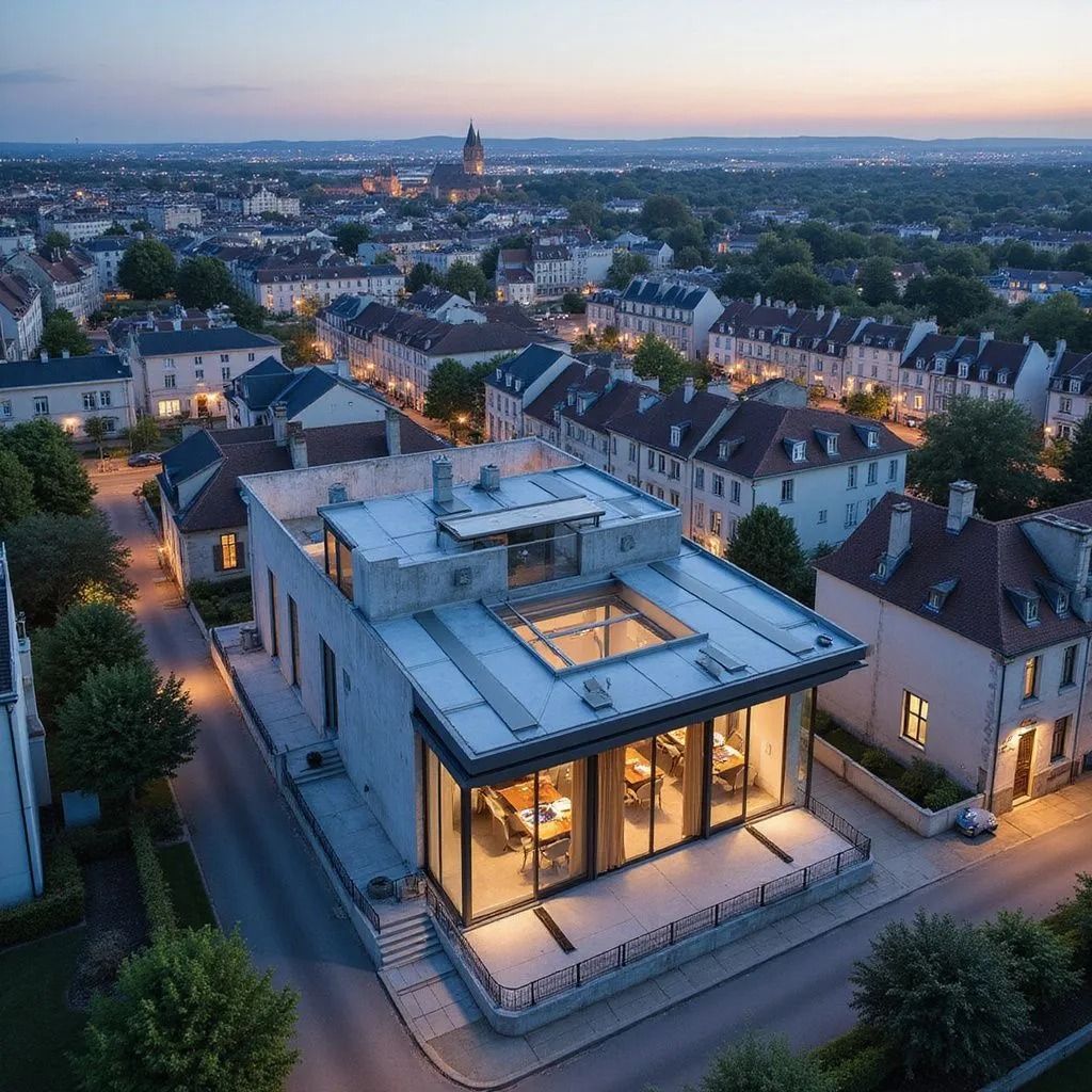 Bâtiment moderne aux murs de verre, donnant sur la ville de Poissy au crépuscule.
