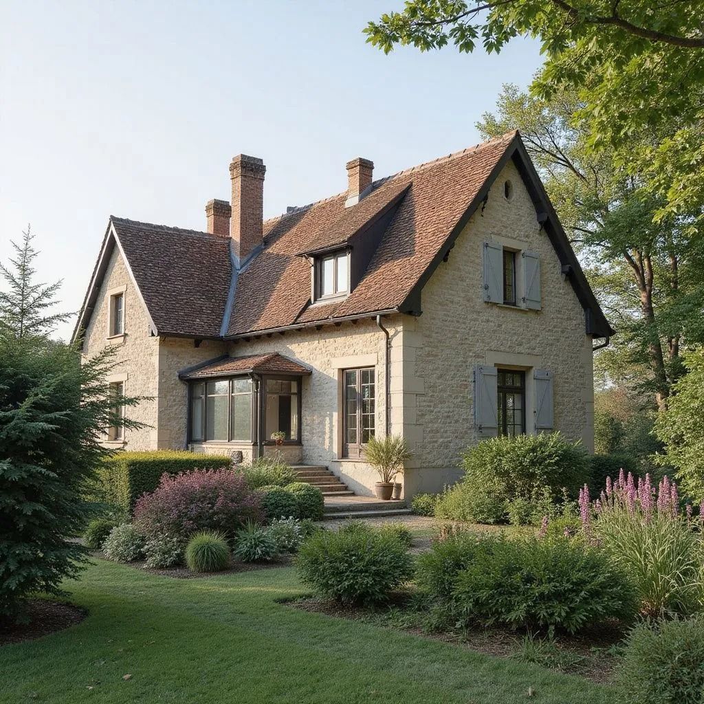 Maison en pierre au toit de tuiles rouges, entourée d'herbe verte, de buissons et d'arbres.