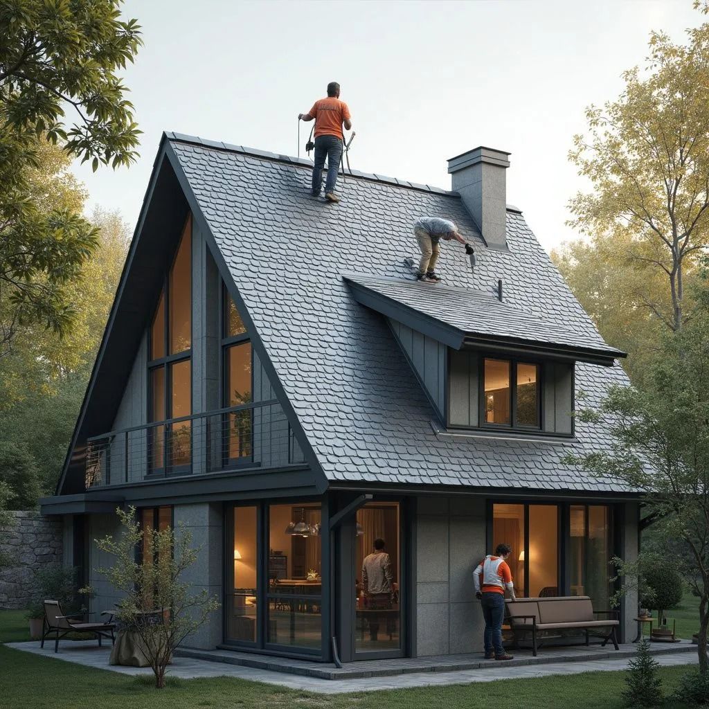 Des ouvriers réparent le toit gris d'une maison moderne à deux étages avec de grandes fenêtres ; un cadre boisé.